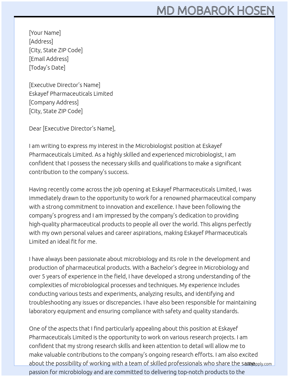 Microbiologist At Eskayef Pharmaceuticals Limited Cover Letter