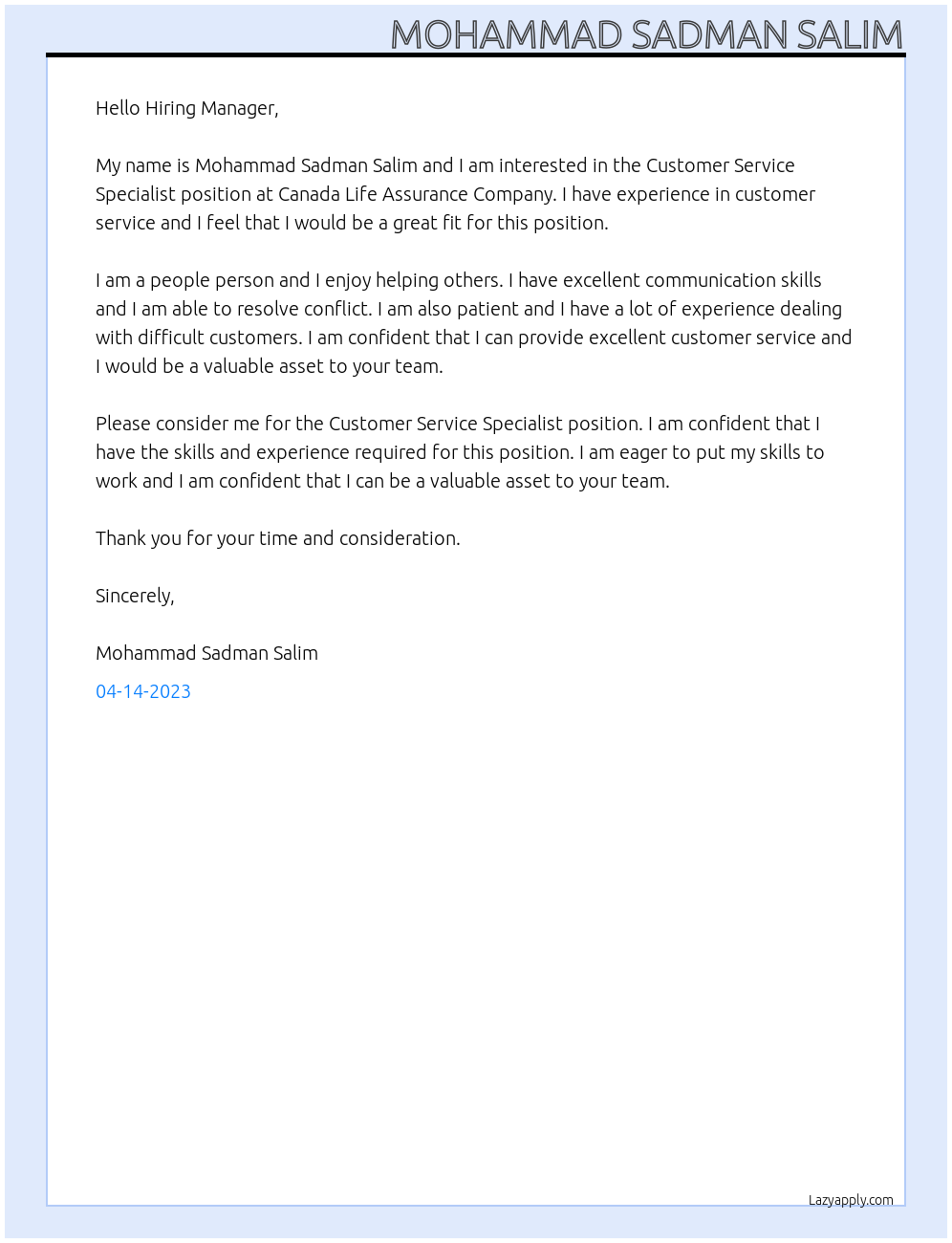Customer Service Specialist At Canada Life Assurance Company Cover Letter