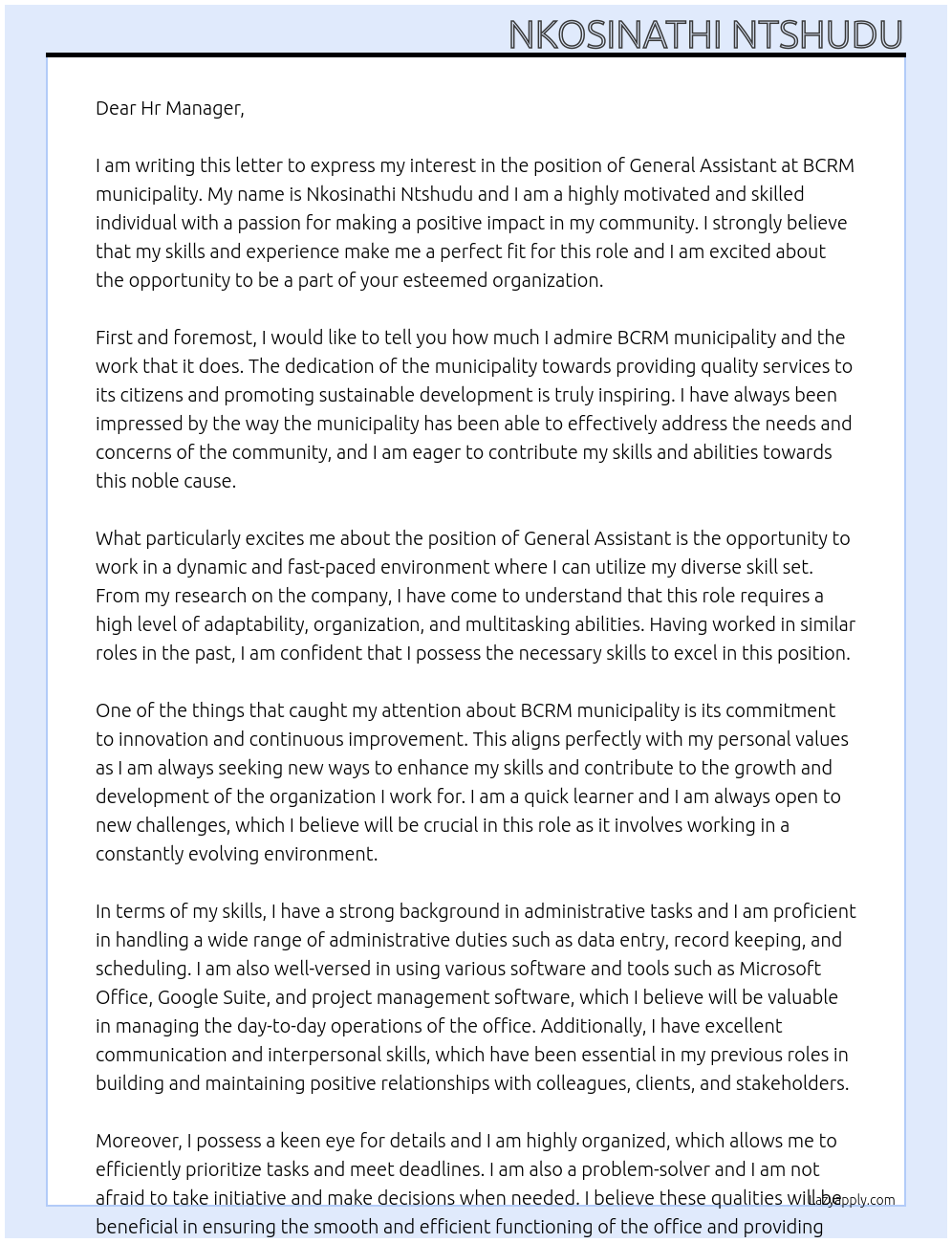 General Assistant  At BCRM municipality  Cover Letter