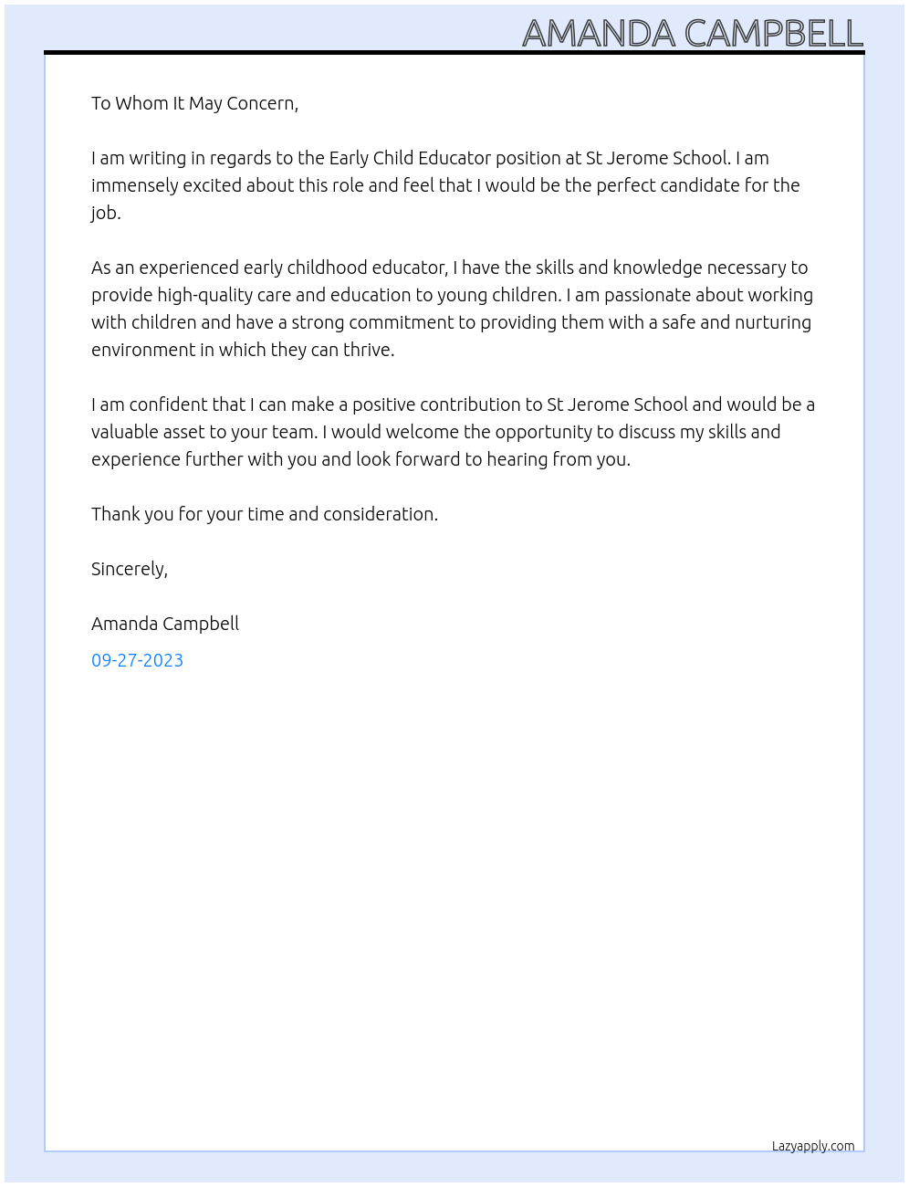 Early Child Educator At St Jerome school  Cover Letter