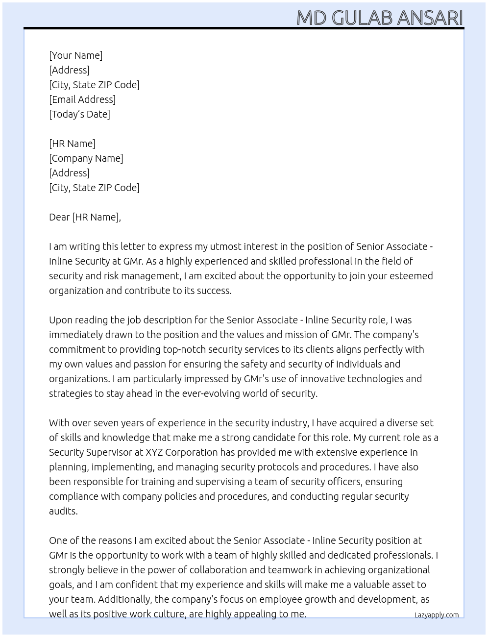 Senior Associate - Inline Security At GMr Cover Letter