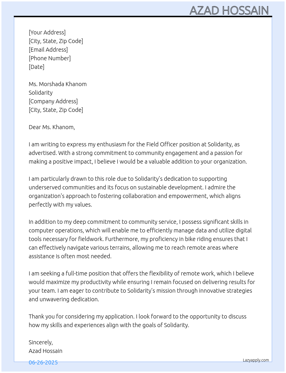 Field Officer At Solidarity Cover Letter
