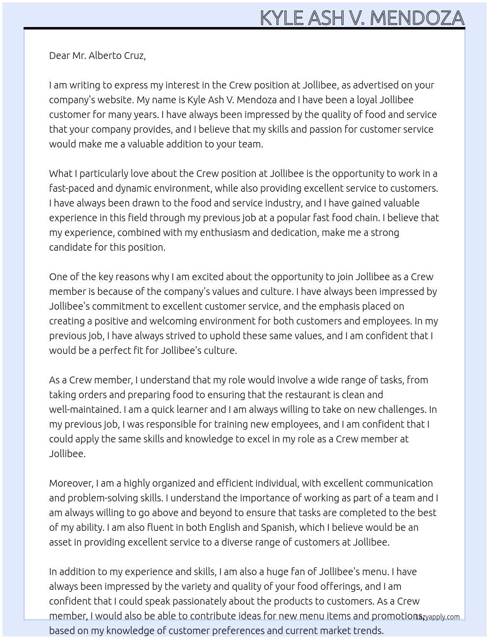 Crew At Jollibee Cover Letter