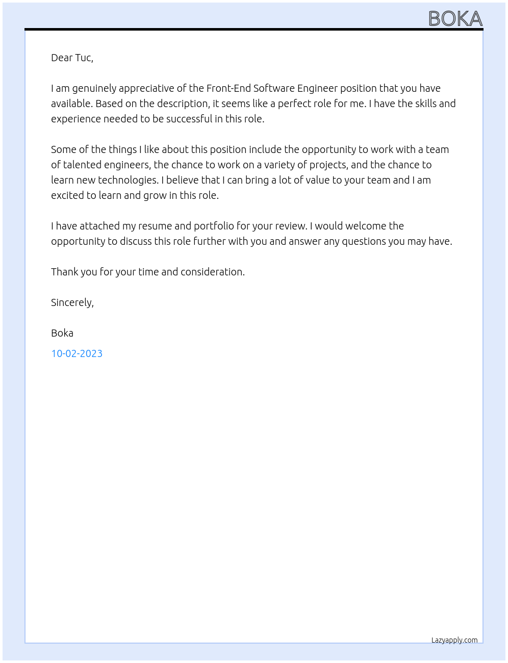 Front-End Software Engineer At tuc Cover Letter