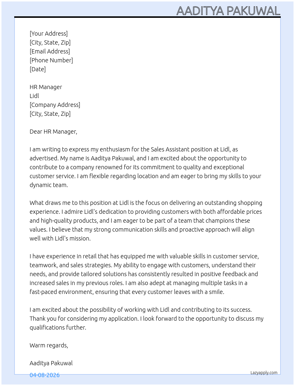 Sales Assistant At Lidl Cover Letter