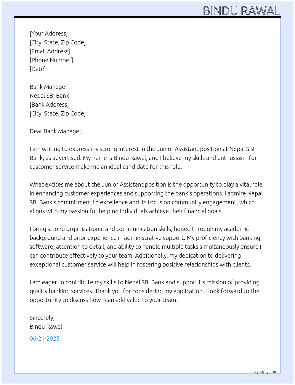 Junior Assistant At Nepal SBI Bank Cover Letter