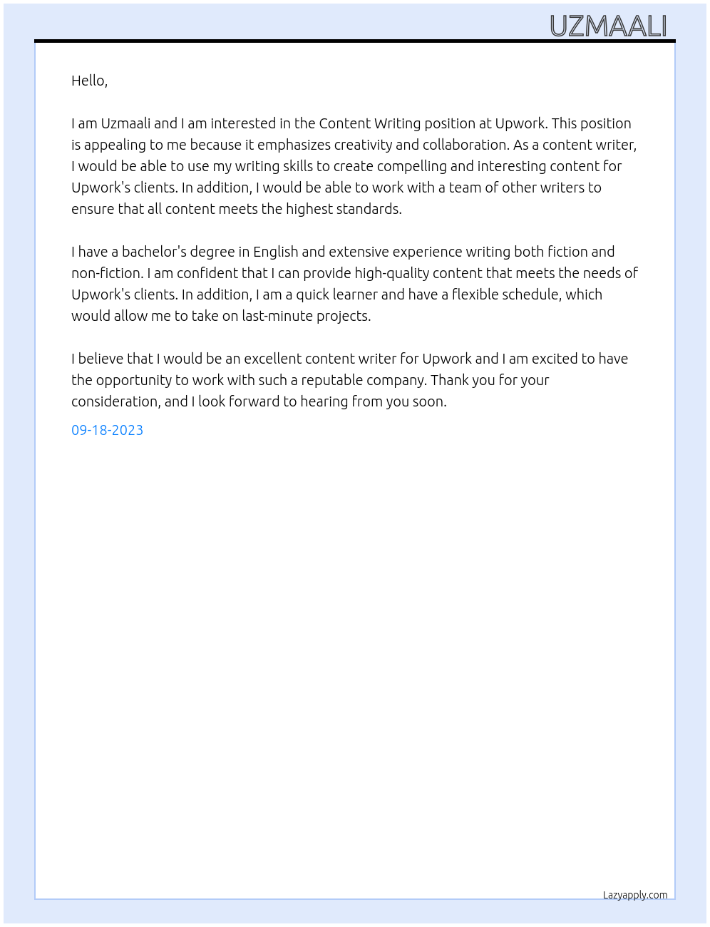 Content writing At Upwork Cover Letter
