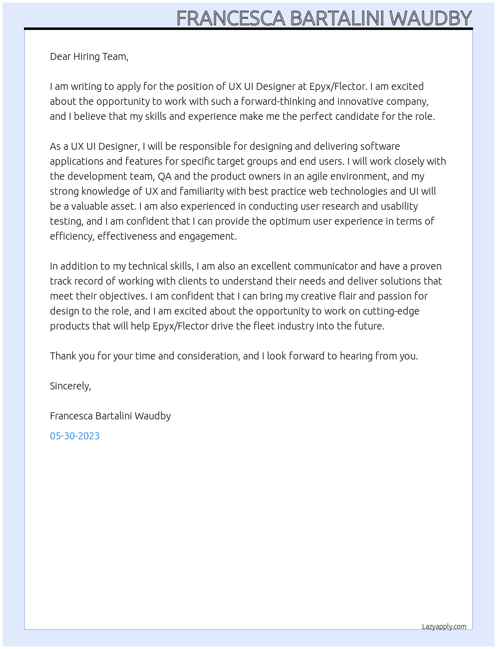 Cover letter for ux ui designer - LazyApply