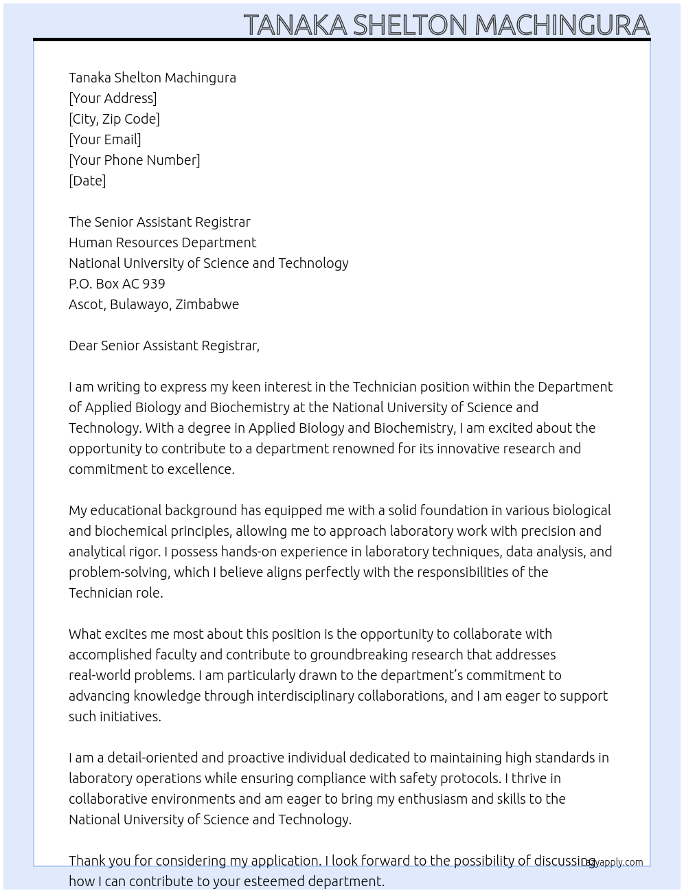 Technician At Department of Applied Biology and Biochemistry, National University of Science and Technology Cover Letter