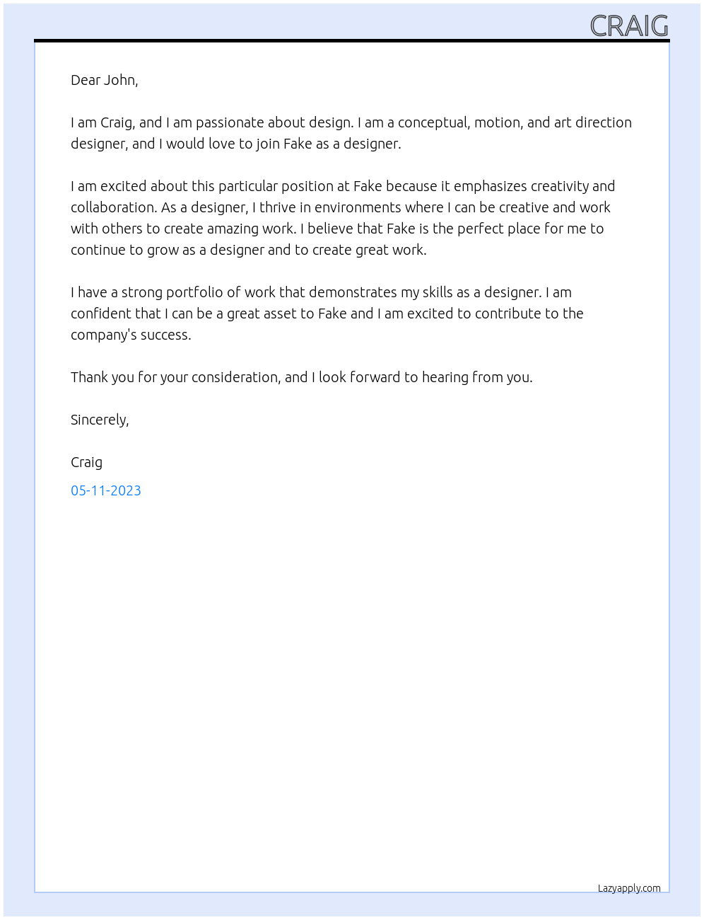 Designer At Fake Cover Letter