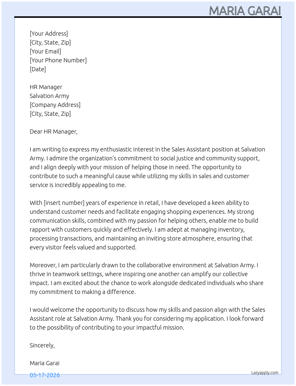 Cover letter for sales assistant - LazyApply