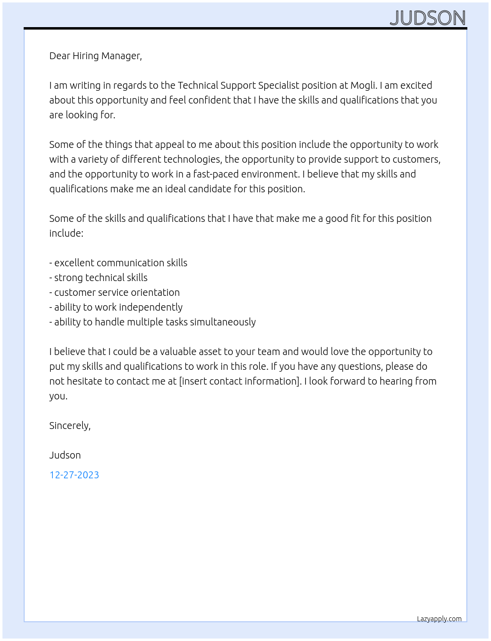 Technical Support Specialist At Mogli Cover Letter