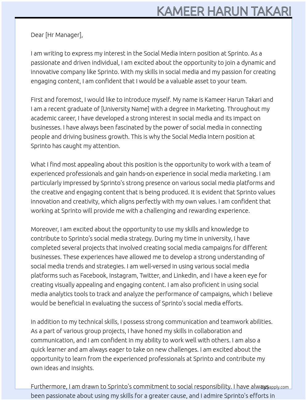 Social media intern At Sprinto Cover Letter