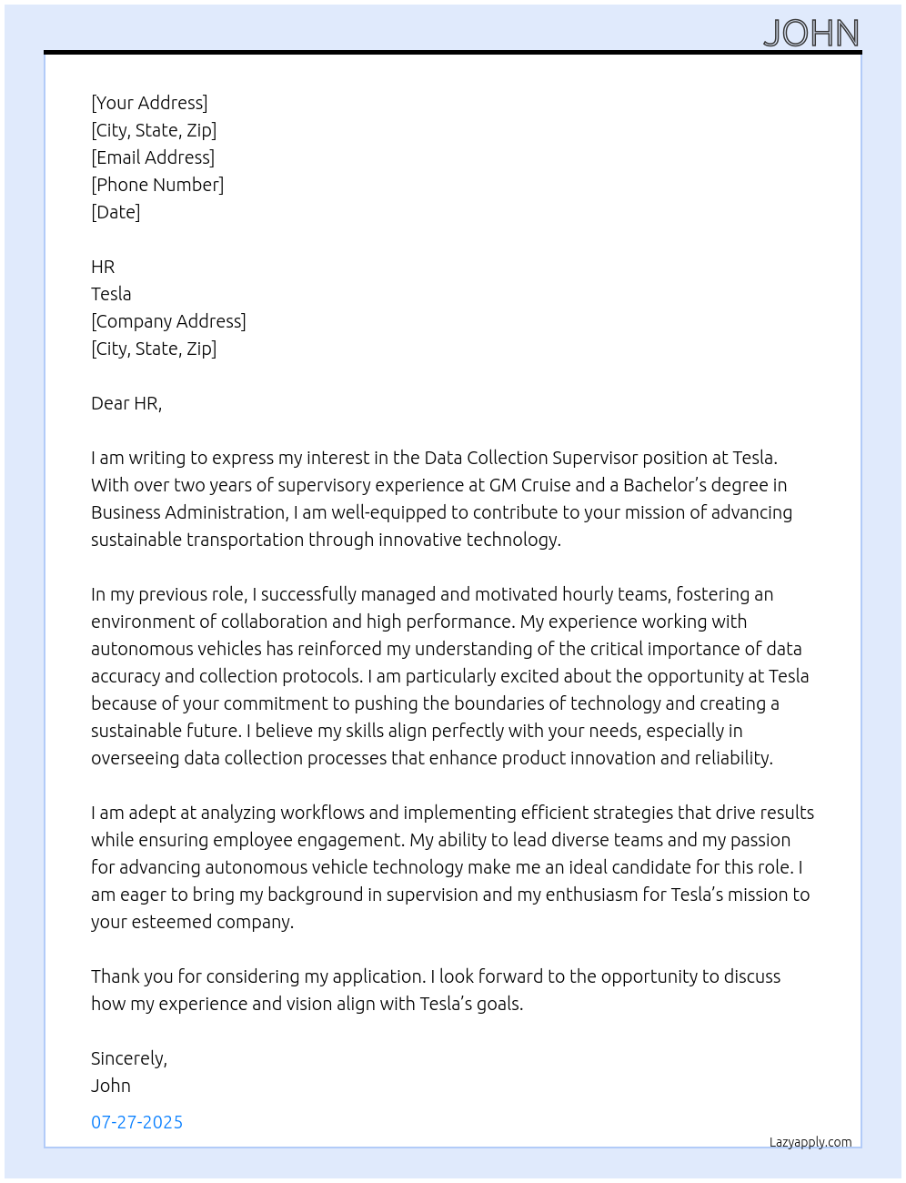 Data Collection Supervisor At Tesla Cover Letter