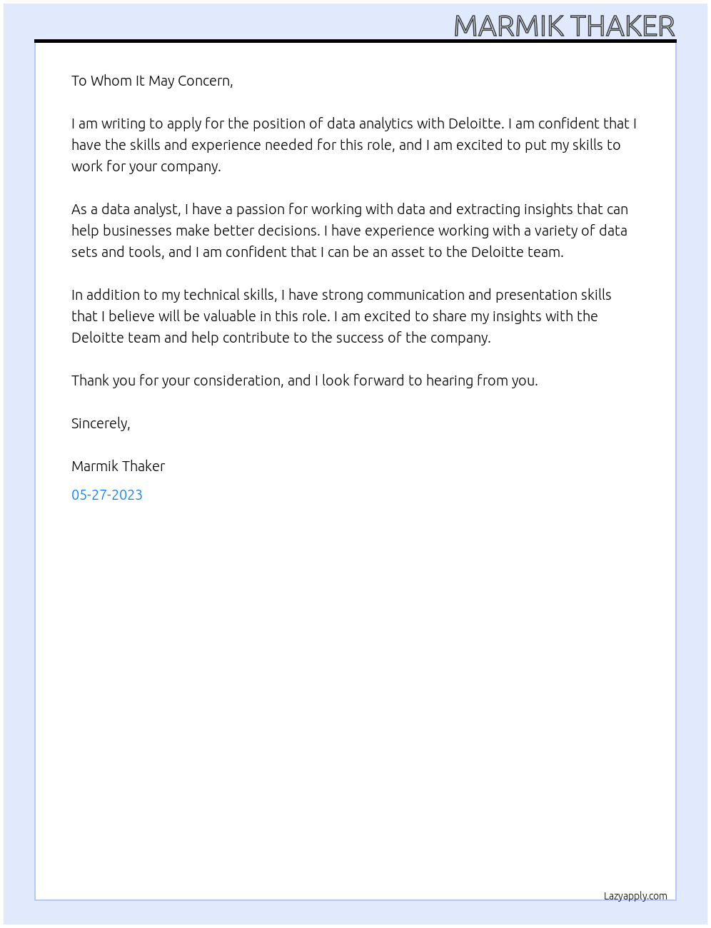 data analytics At Deloitte Cover Letter