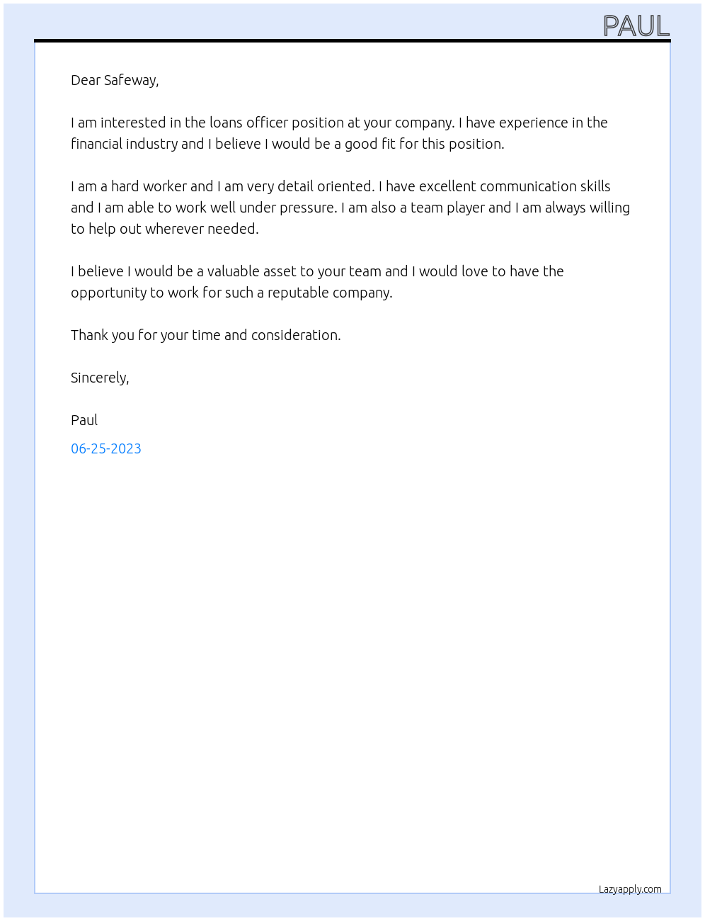 Loans officer At Safeway Cover Letter