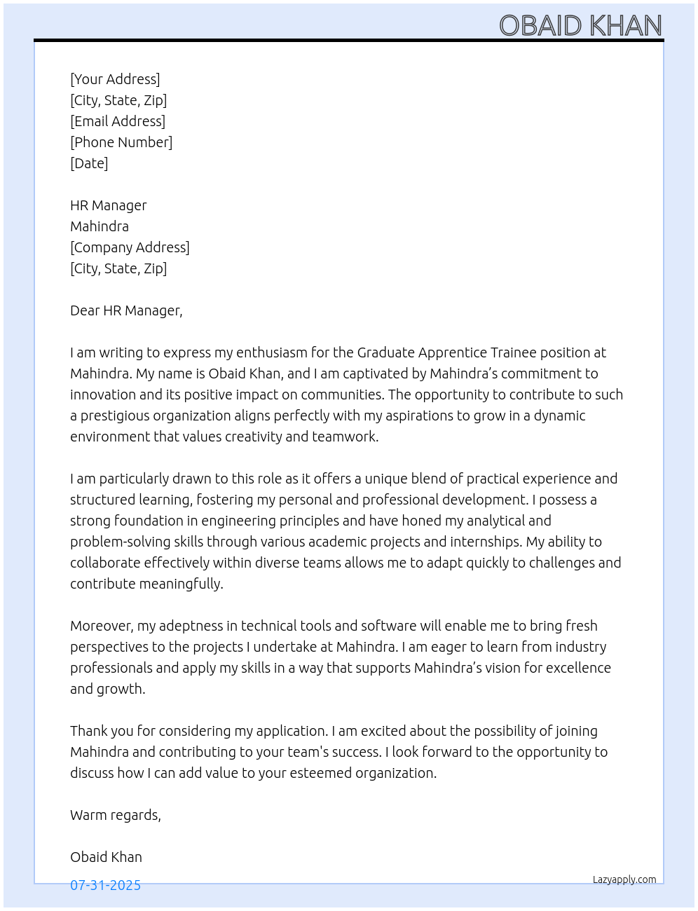 Graduate Apprentice trainee At Mahindra Cover Letter