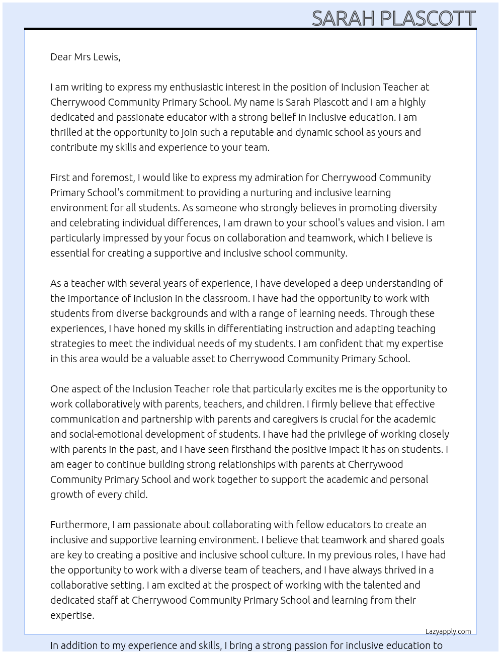 Inclusion Teacher At Cherrywood Community Primary School  Cover Letter