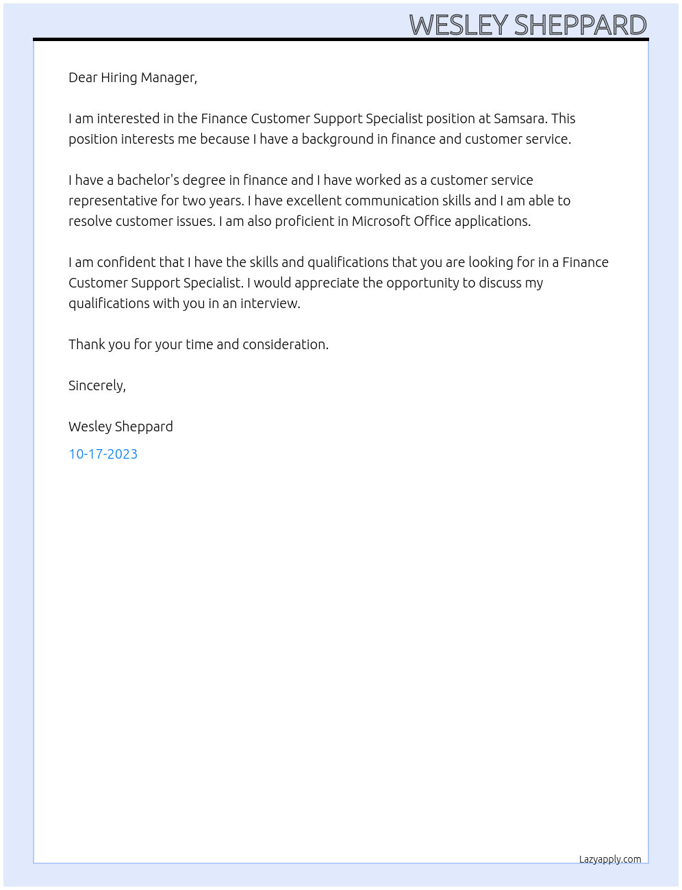 Finance Customer Support Specialist At SAMSARA Cover Letter