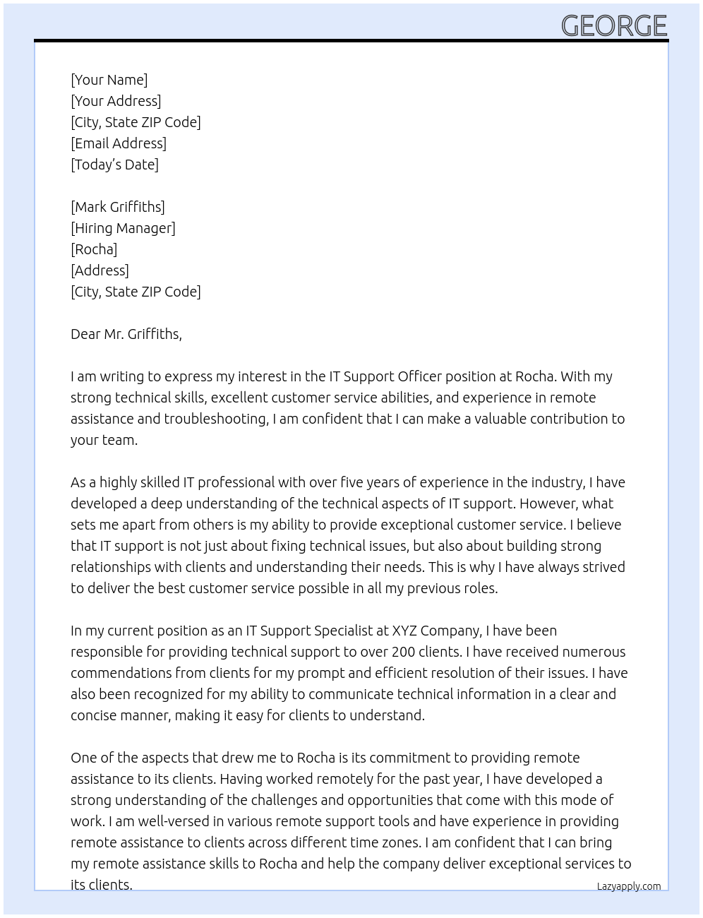 It support officer At Rocha Cover Letter