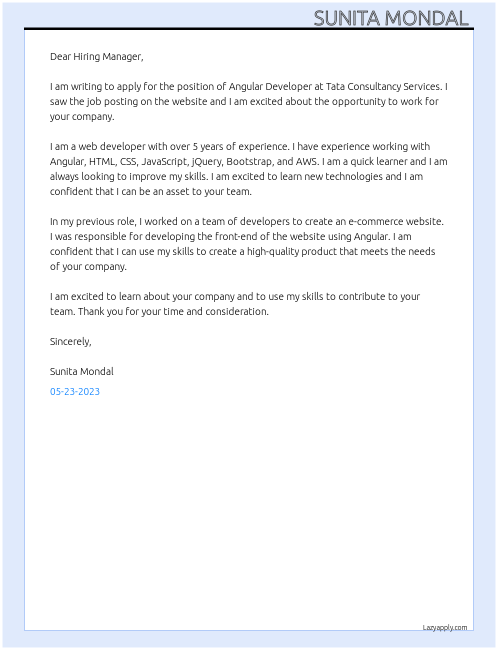 Angular Developer At Tata Consultancy Services Cover Letter