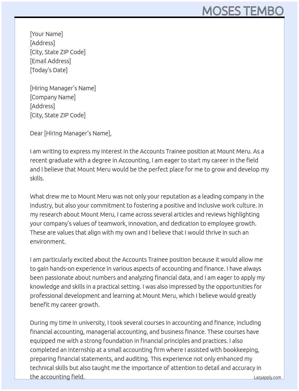 Accounts trainee  At Mount Meru Cover Letter