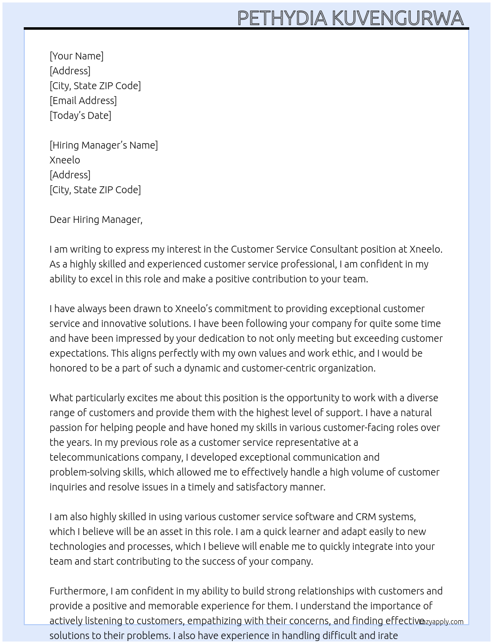 Customer service consultant  At Xneelo Cover Letter