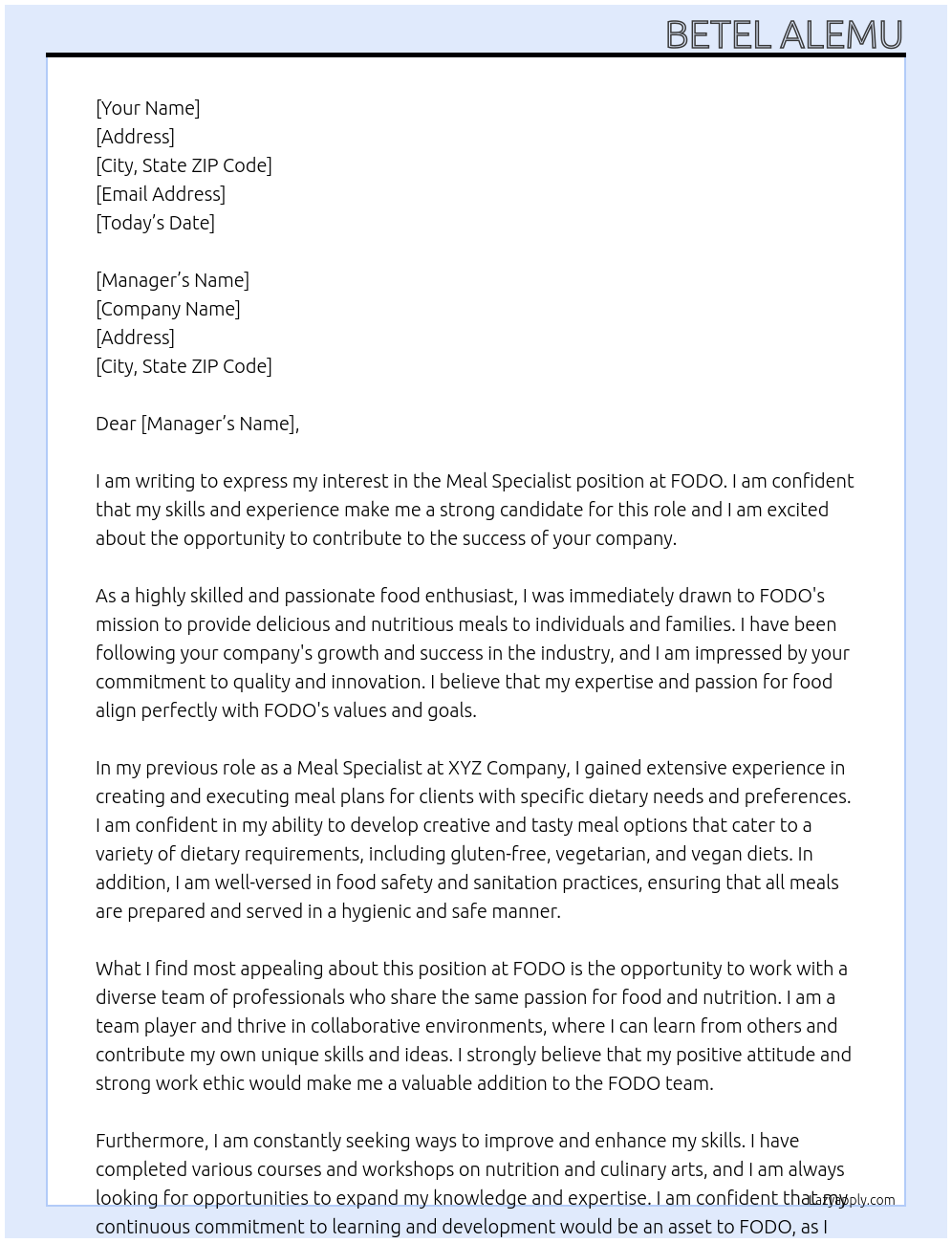 Meal specialist  At FODO Cover Letter