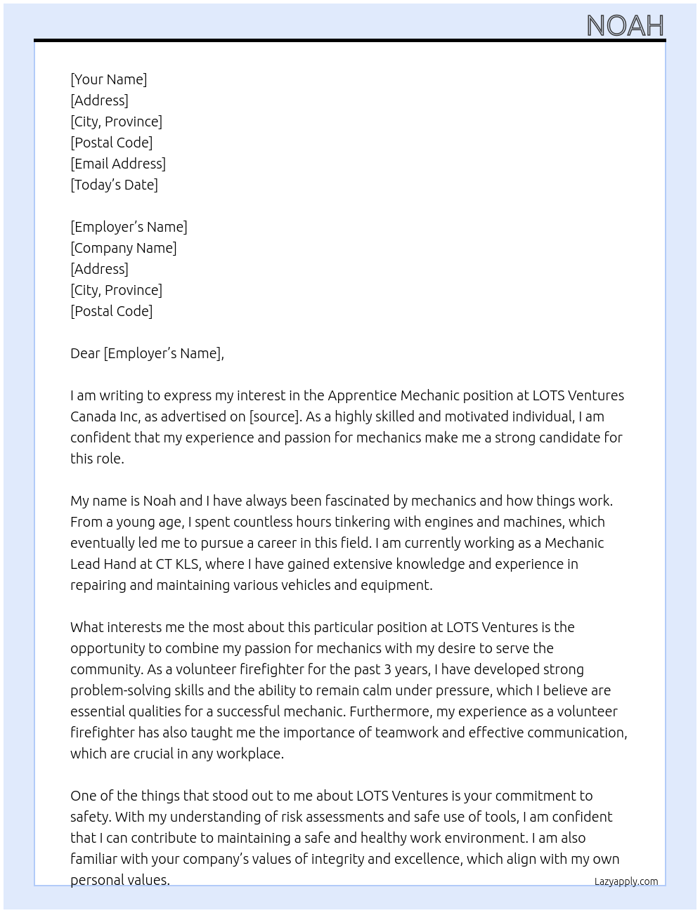 Apprentice Mechanic At LOTS Ventures Canada Inc Cover Letter