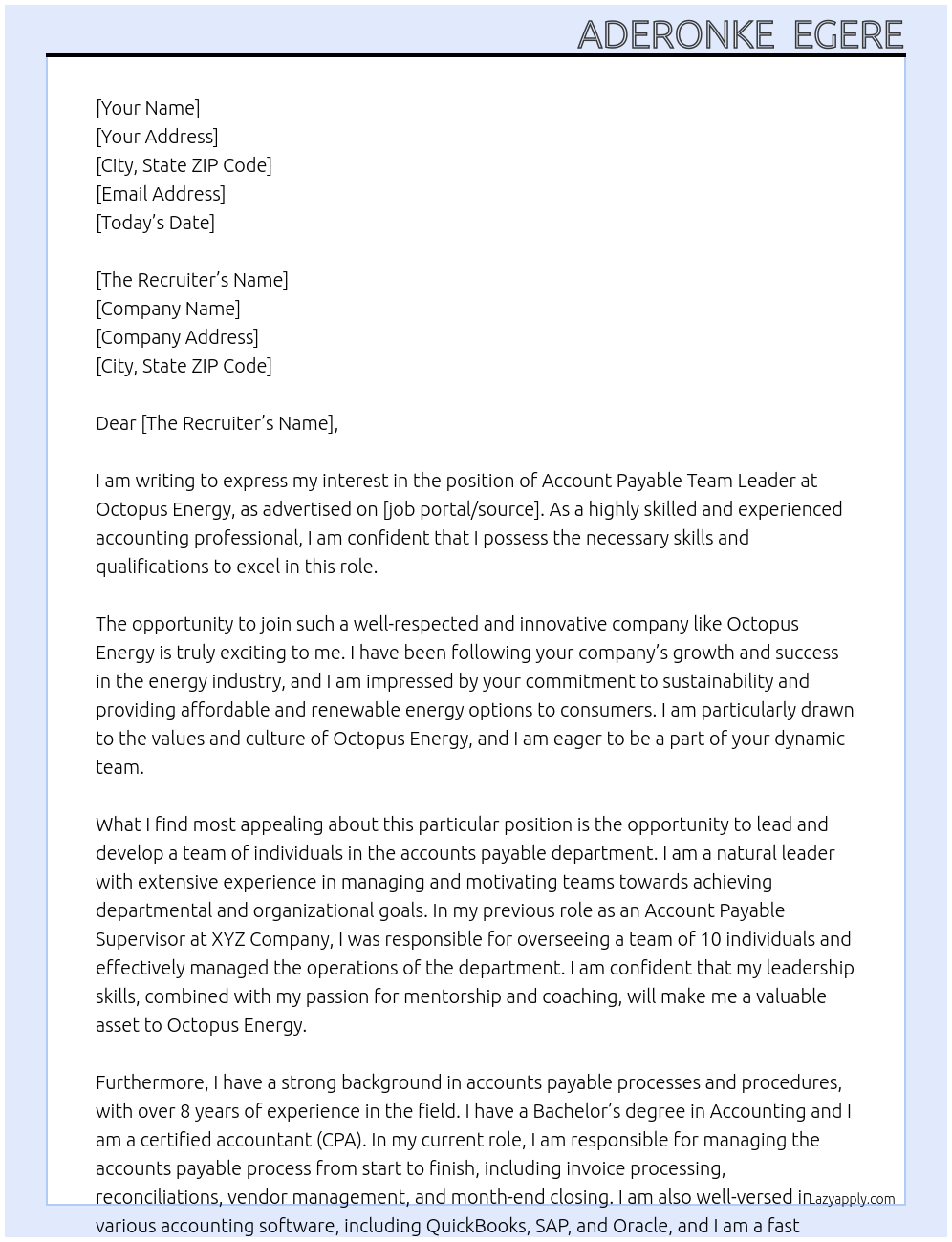 Account Payable Team Leader At Octopus Energy Cover Letter