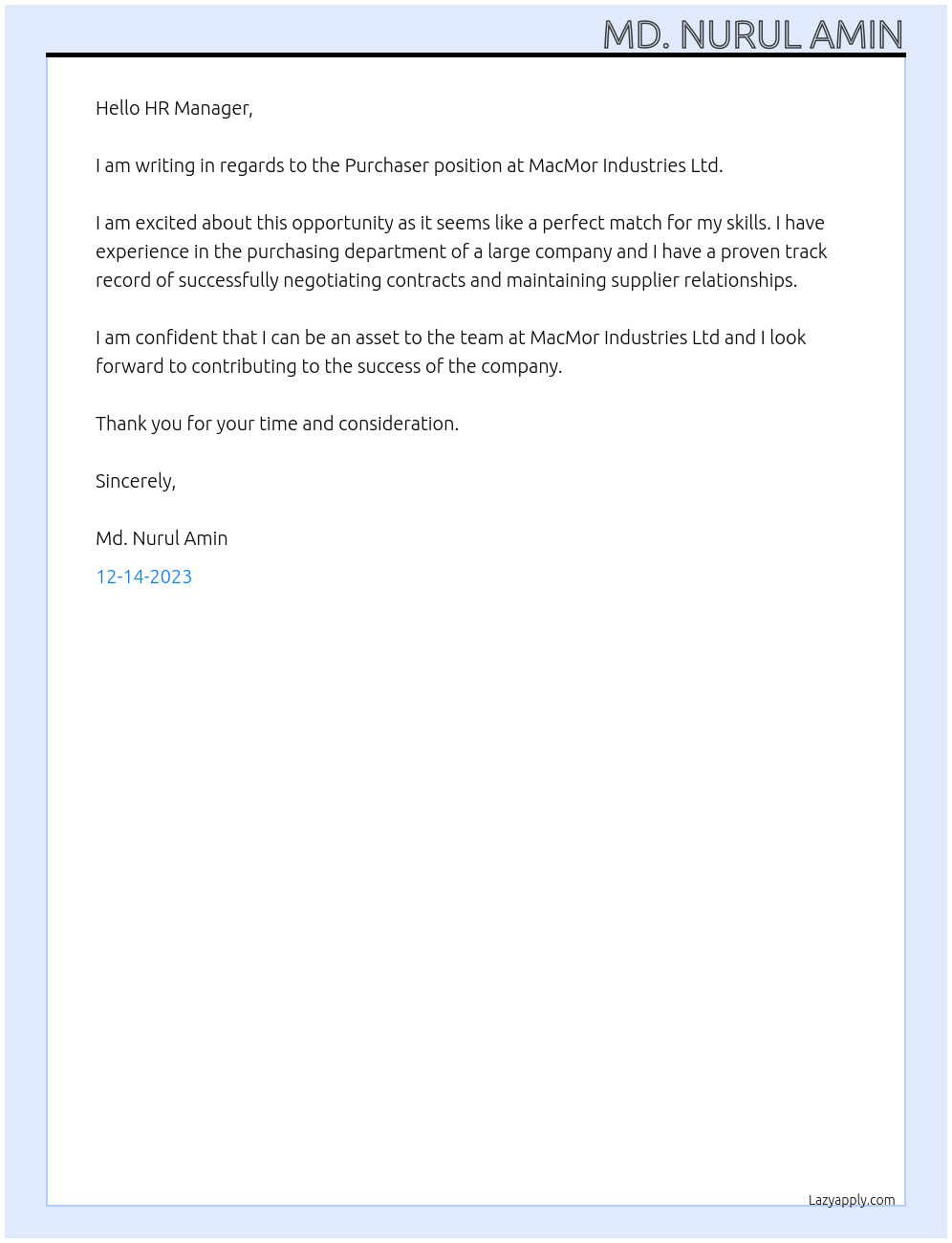 Purchaser At MacMor Industries Ltd Cover Letter