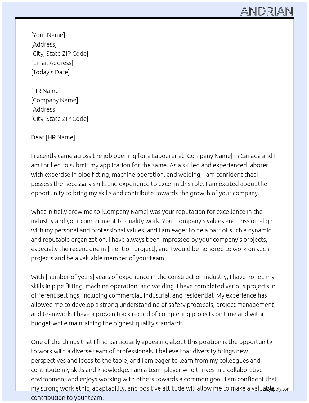 Labourer At Canada Cover Letter