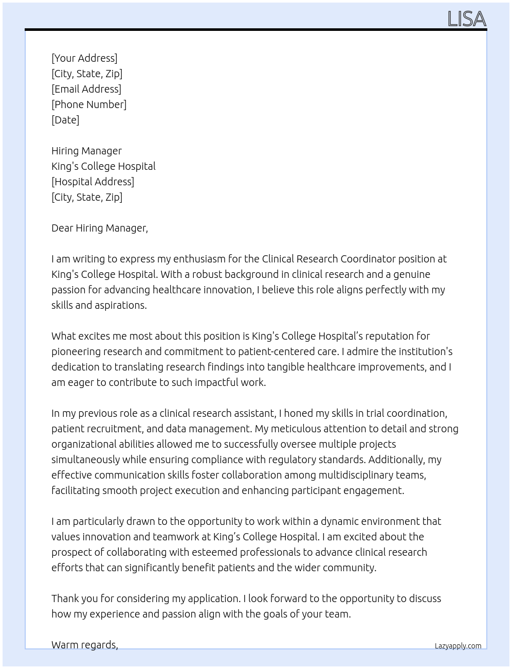 clinical research coordinator At kings college hospital Cover Letter