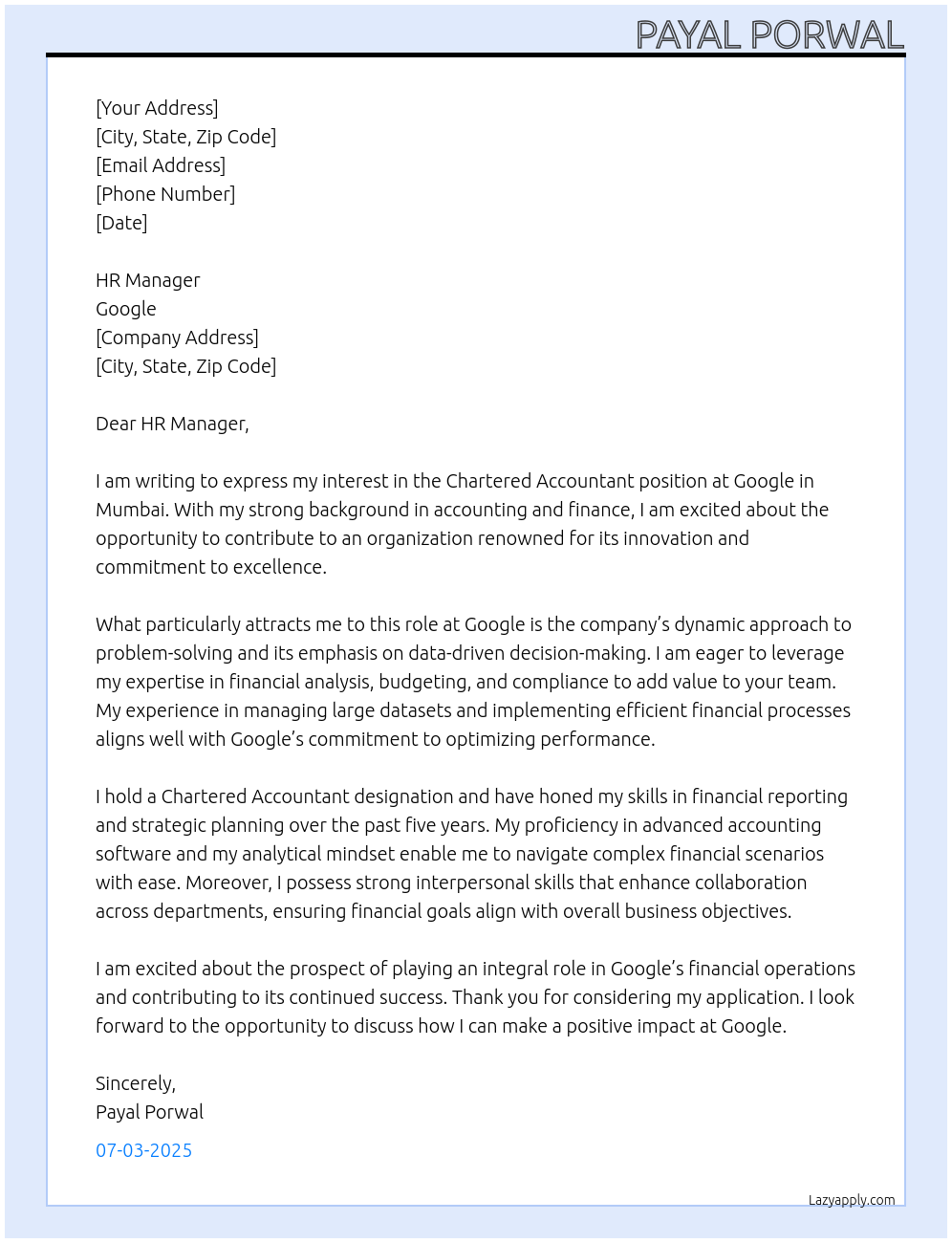 Chartered Accountant At Google Cover Letter