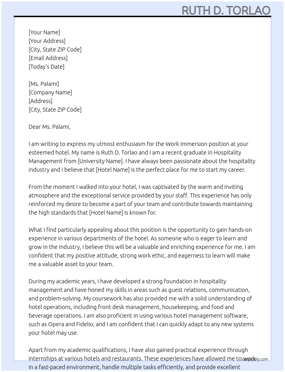 Work Immersion At Hotel Cover Letter