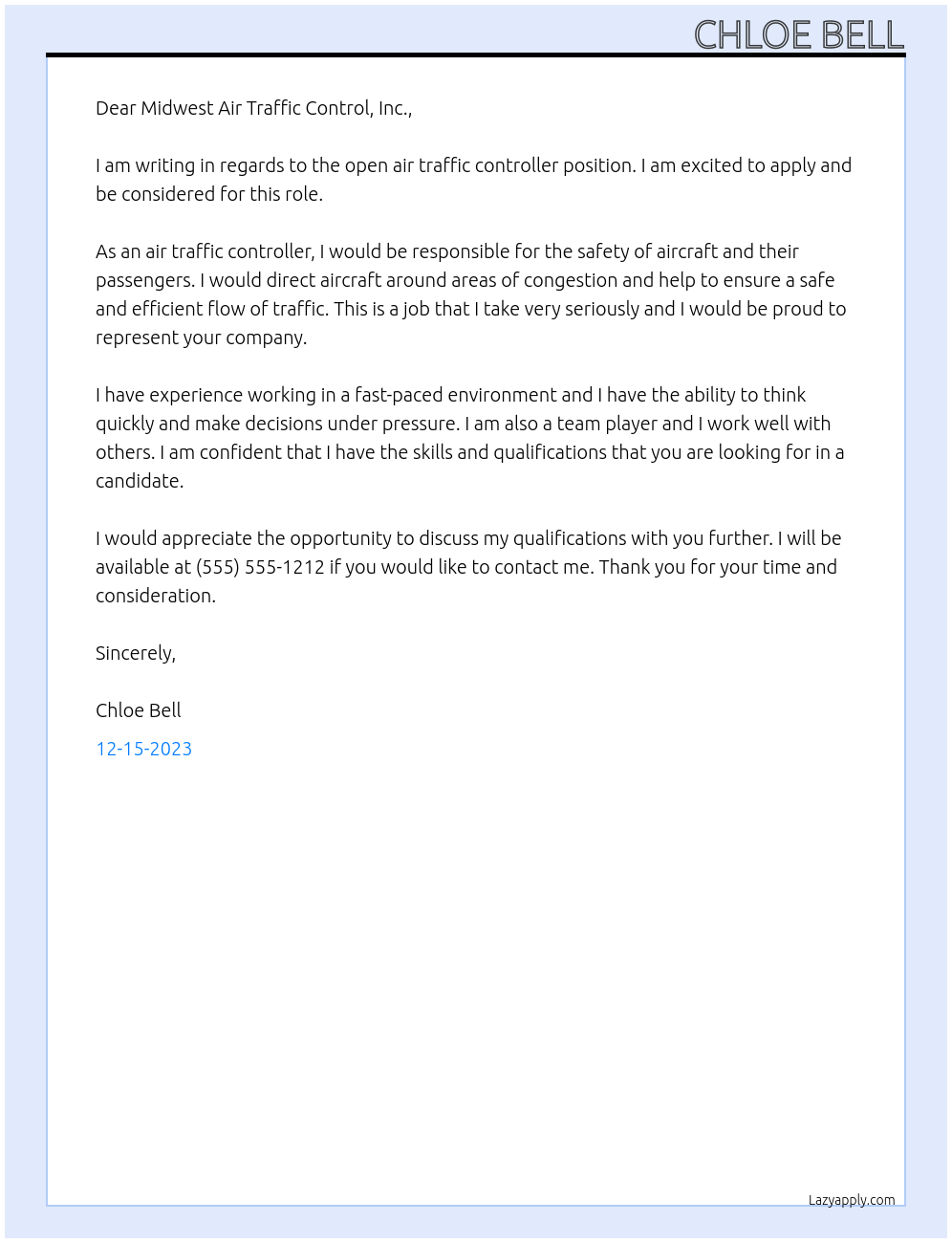 air traffic controller At midwest air traffic controll, inc. Cover Letter