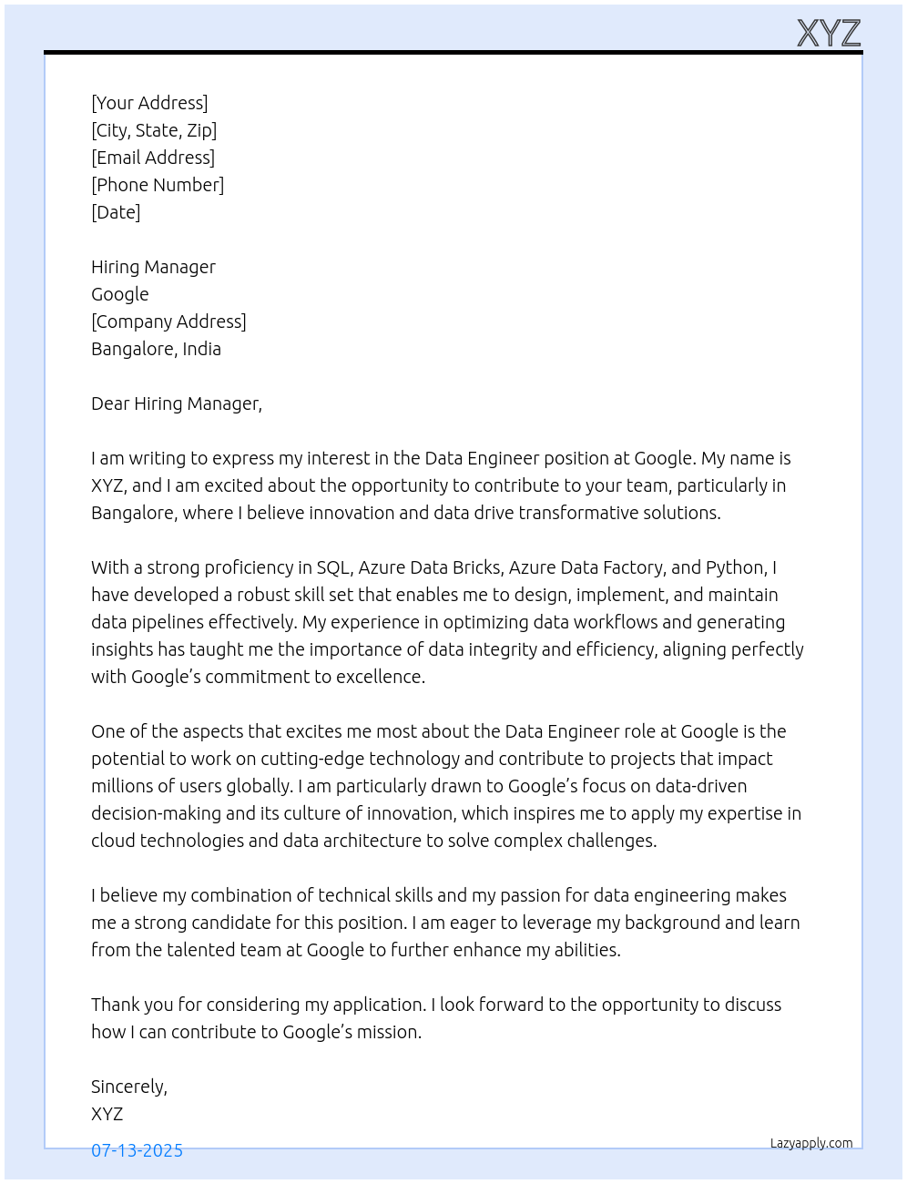 data engineer At google Cover Letter