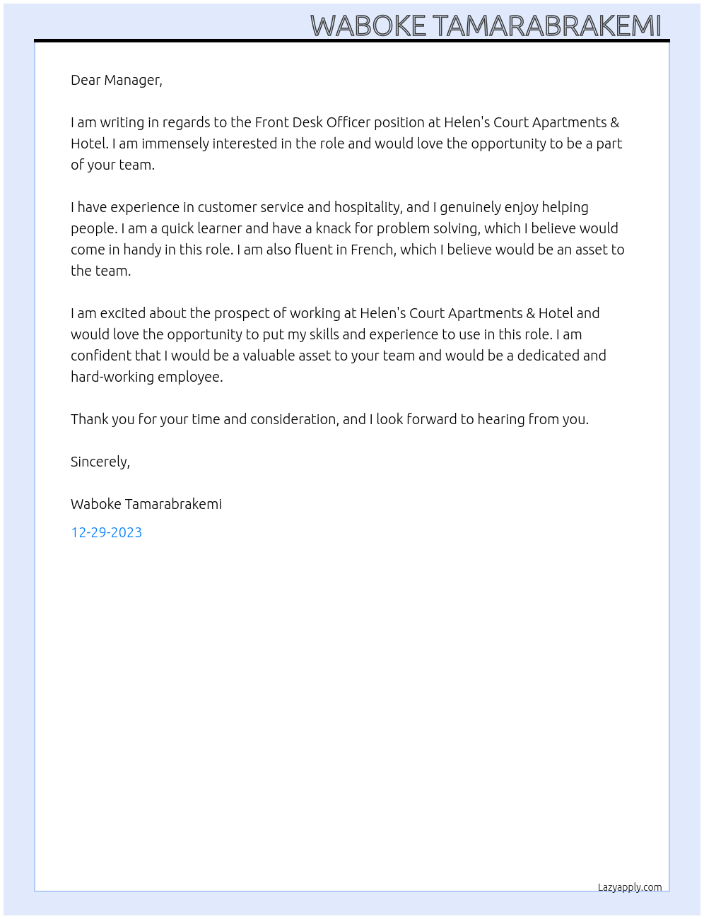 Front desk officer At Helen's Court Apartments & Hotel Cover Letter