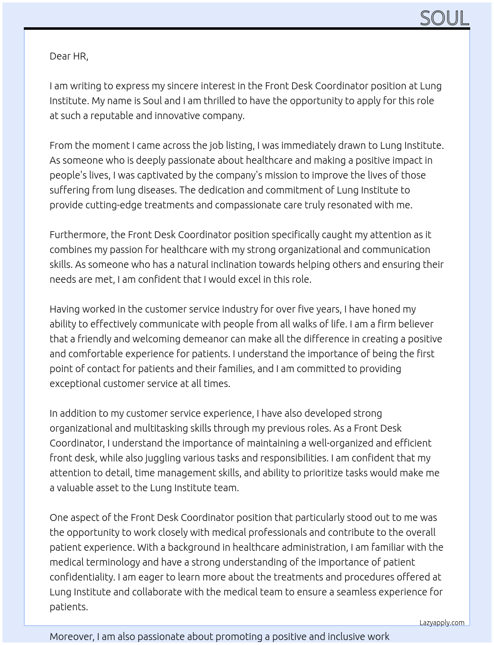 Front desk coordinator At Lung Institute Cover Letter
