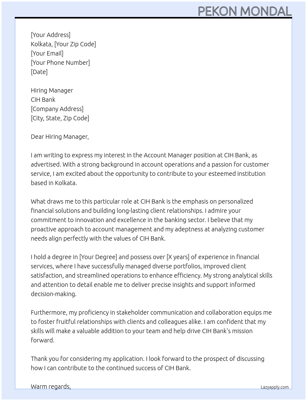 Account Manager At CIH Bank Cover Letter