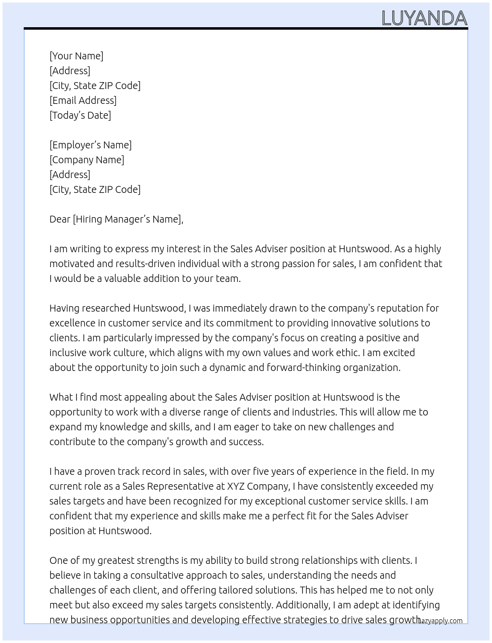 Sales adviser At Huntswood Cover Letter