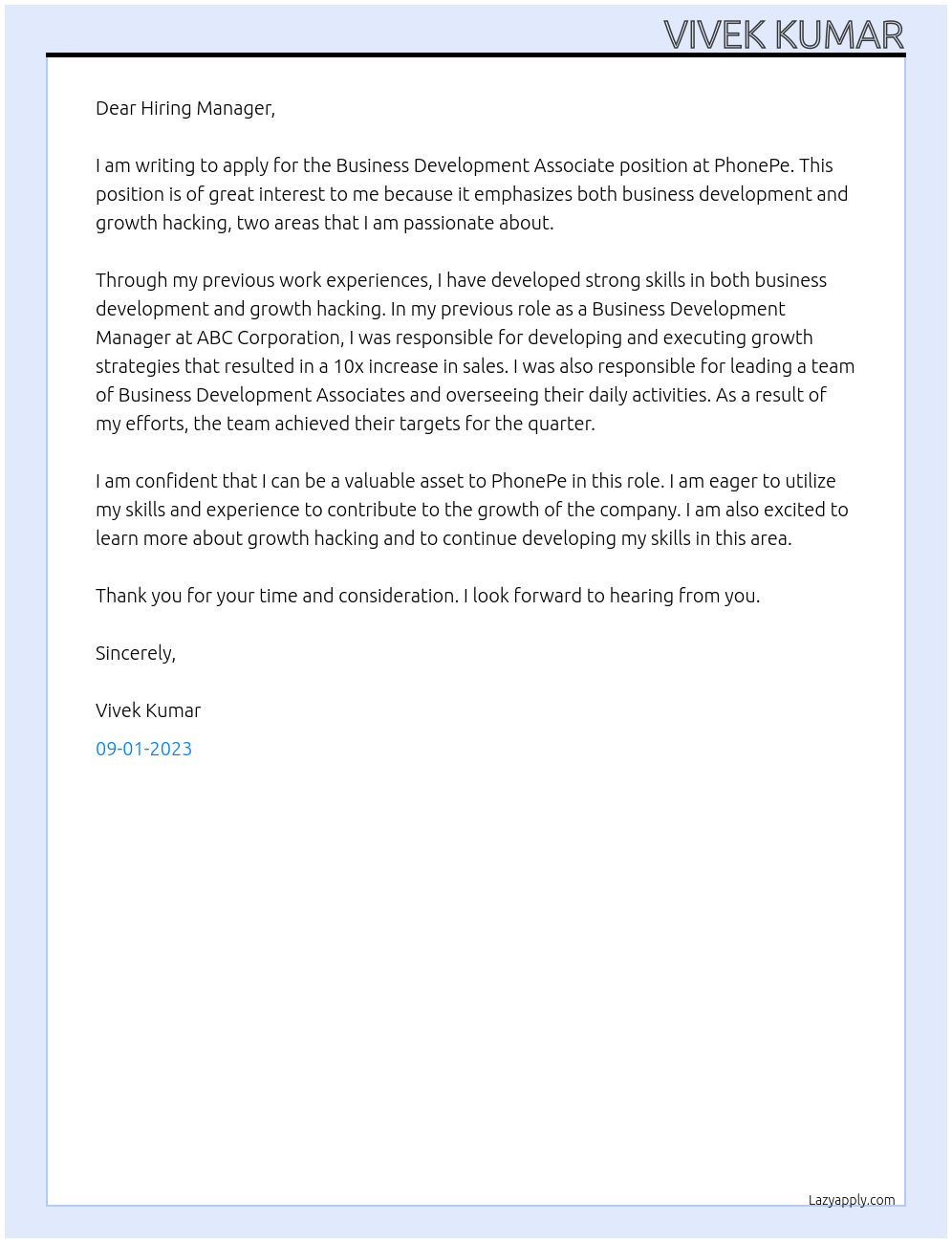 BUSINESS DEVELOPMENT ASSOCIATE At PHONEPE Cover Letter