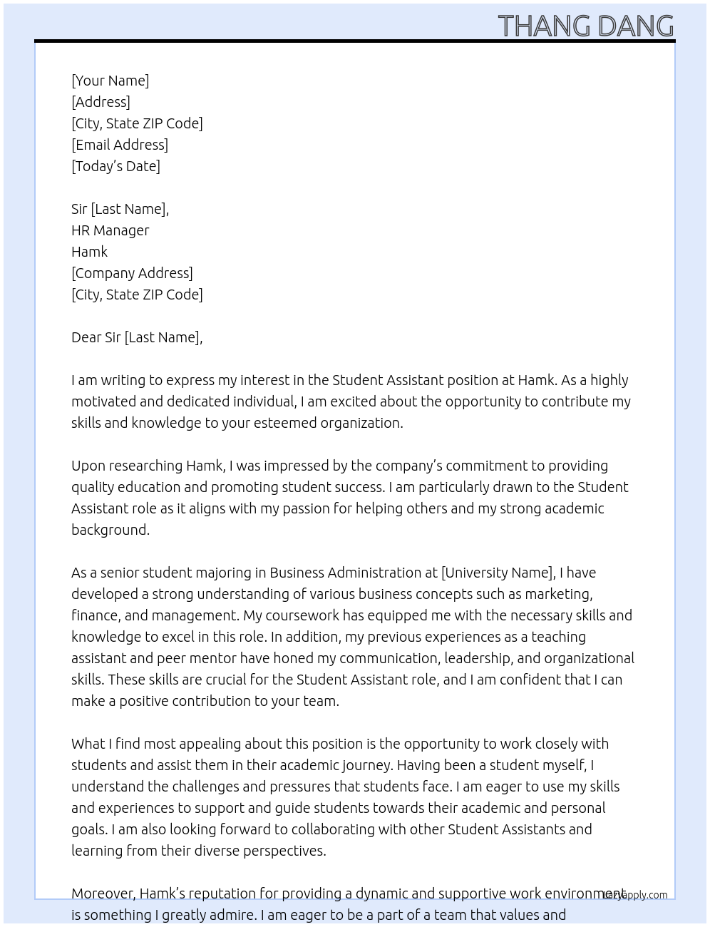 student assistant At Hamk Cover Letter