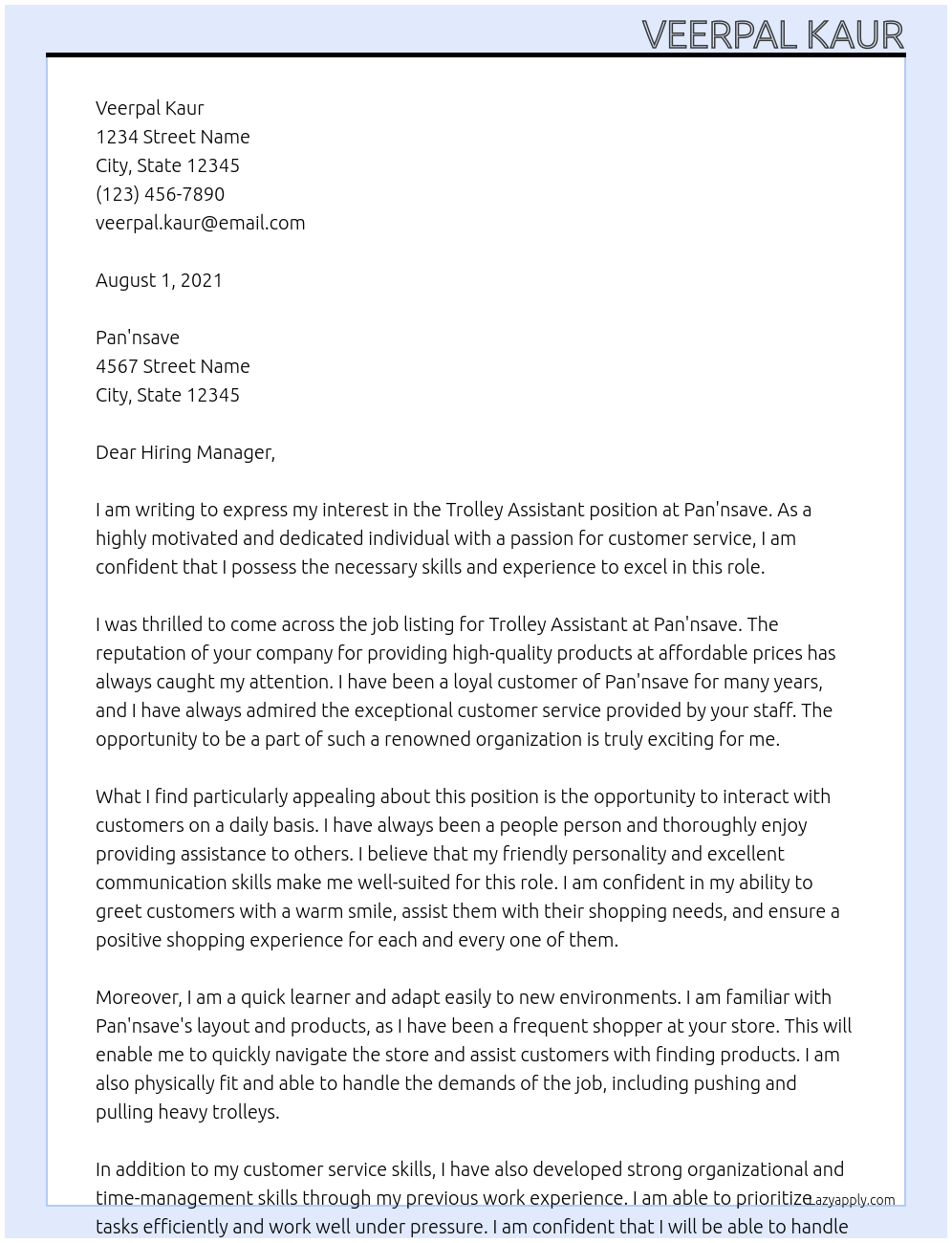 Trolley assistant  At Pak'nsave Cover Letter