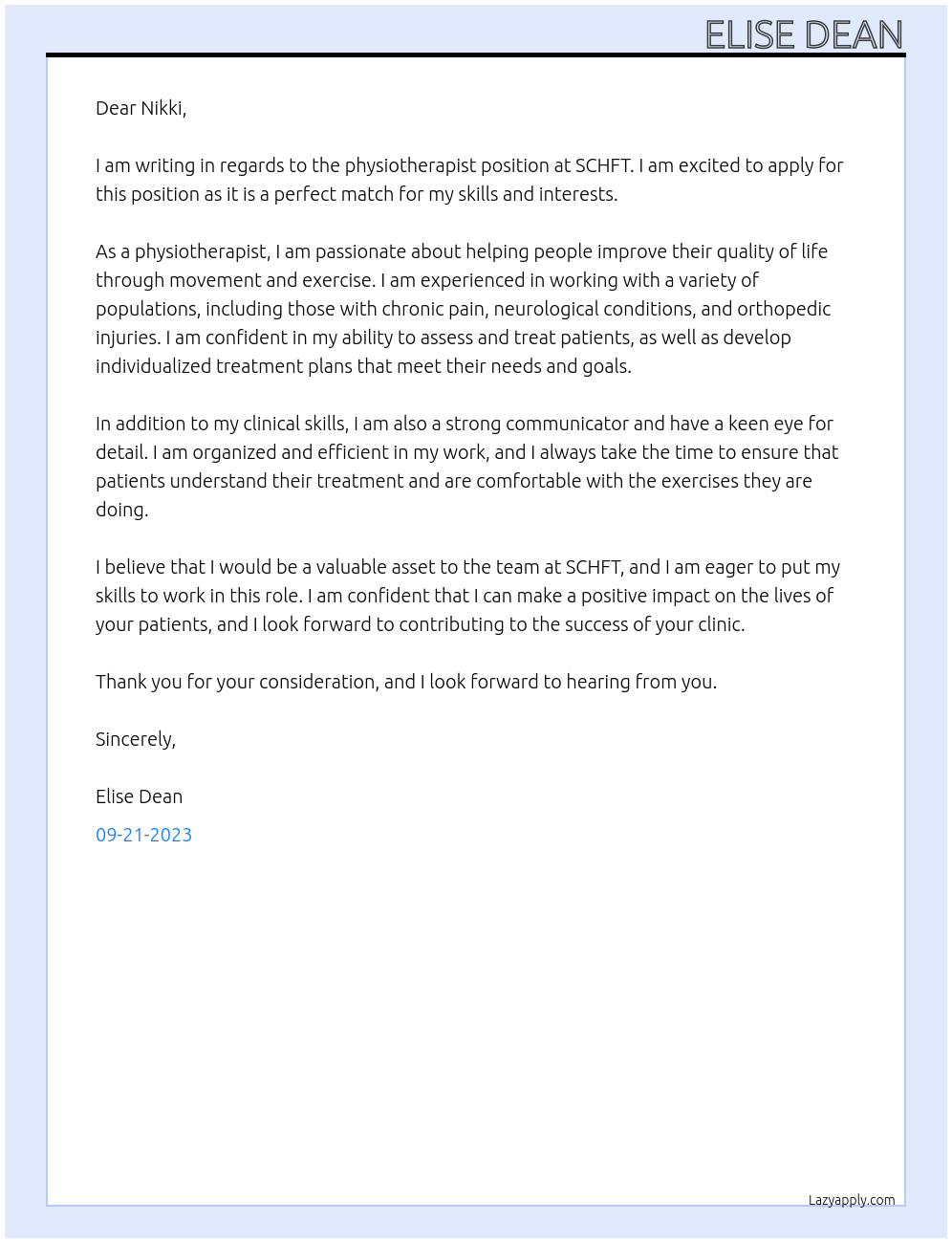 Physiotherapist At SCHFT Cover Letter