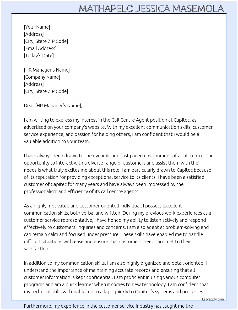 Call centre agent  At Capitec Cover Letter