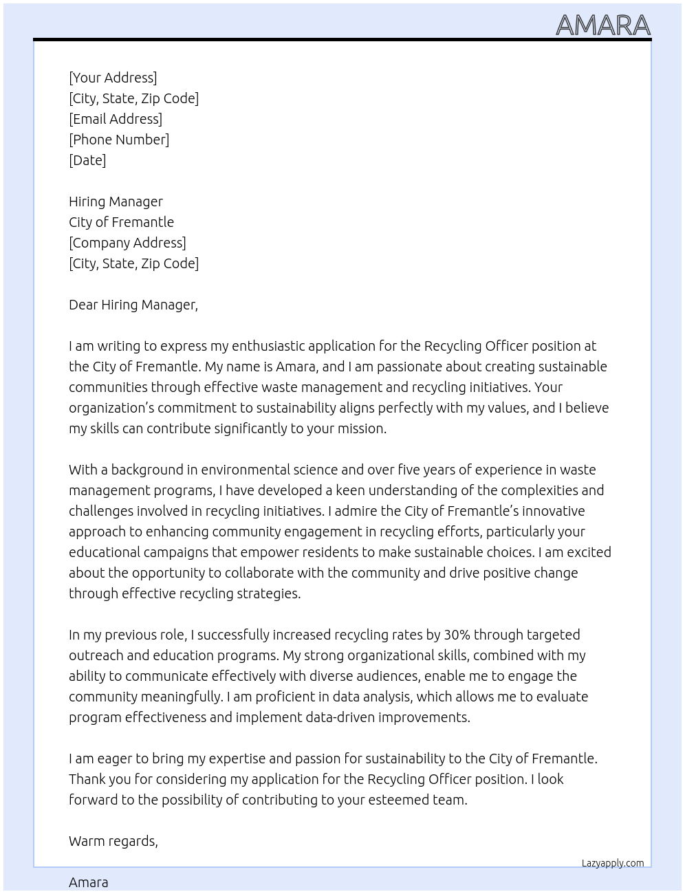 Cover letter for recycling officer - LazyApply