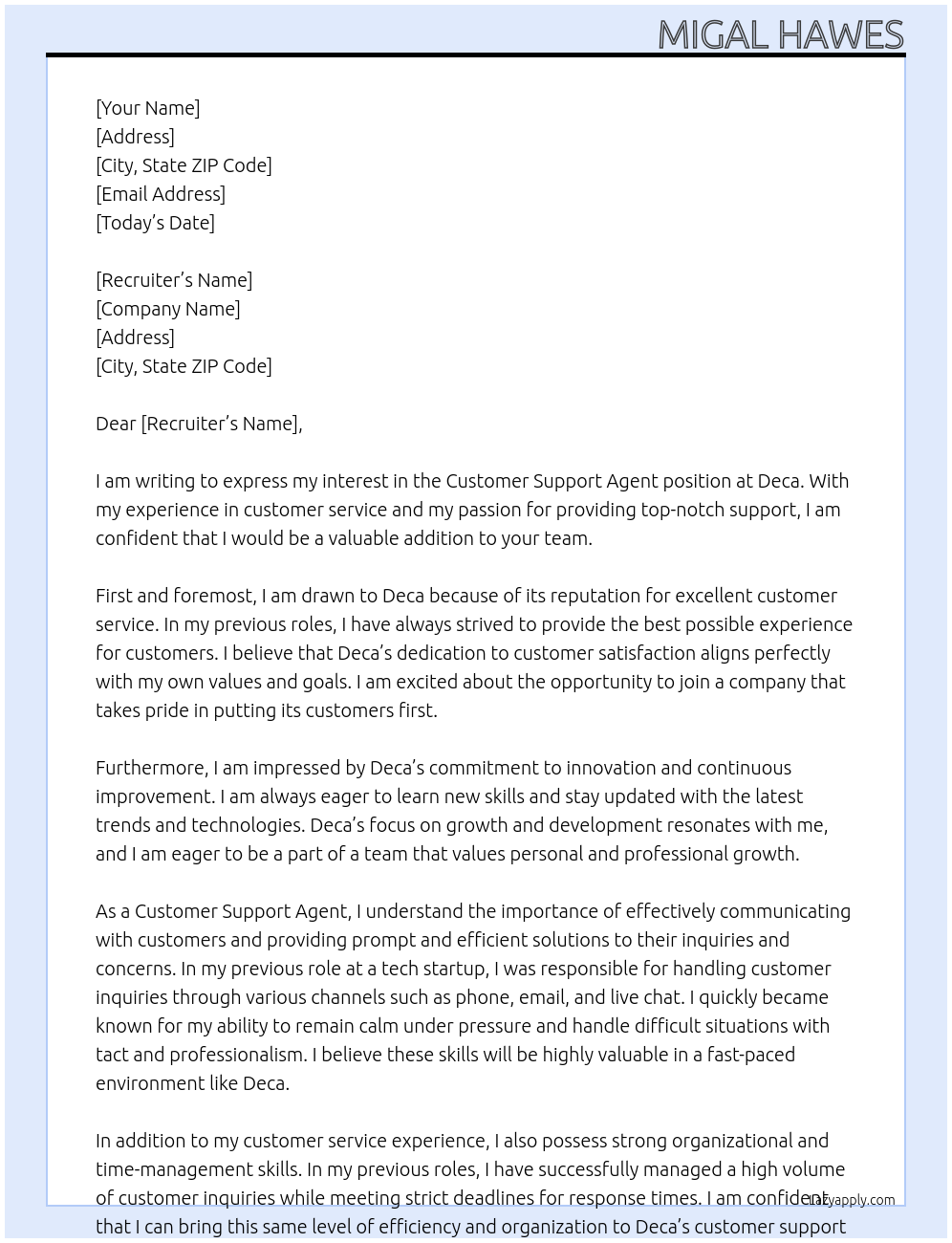 Customer Support Agent At Deca Cover Letter