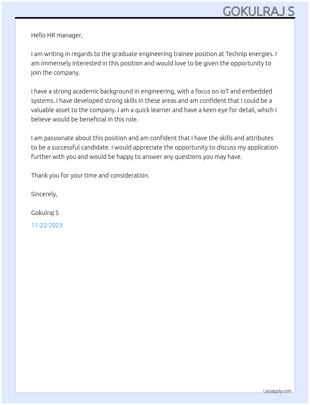 Graduate engineering trainee At Technip energies Cover Letter