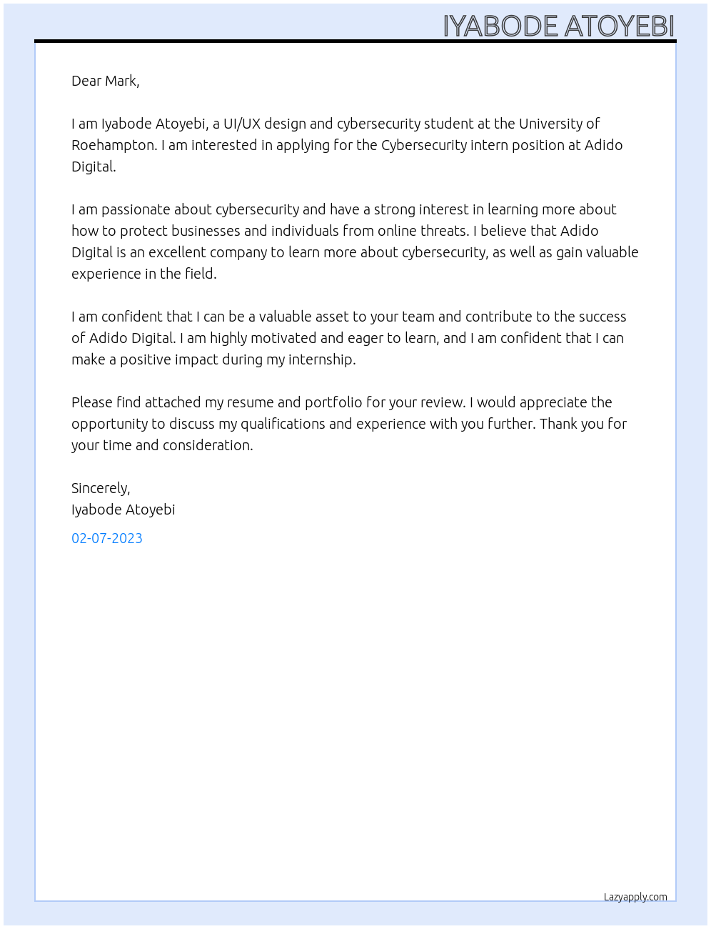Cybersecurity intern At https://www.adido-digital.co.uk/ Cover Letter